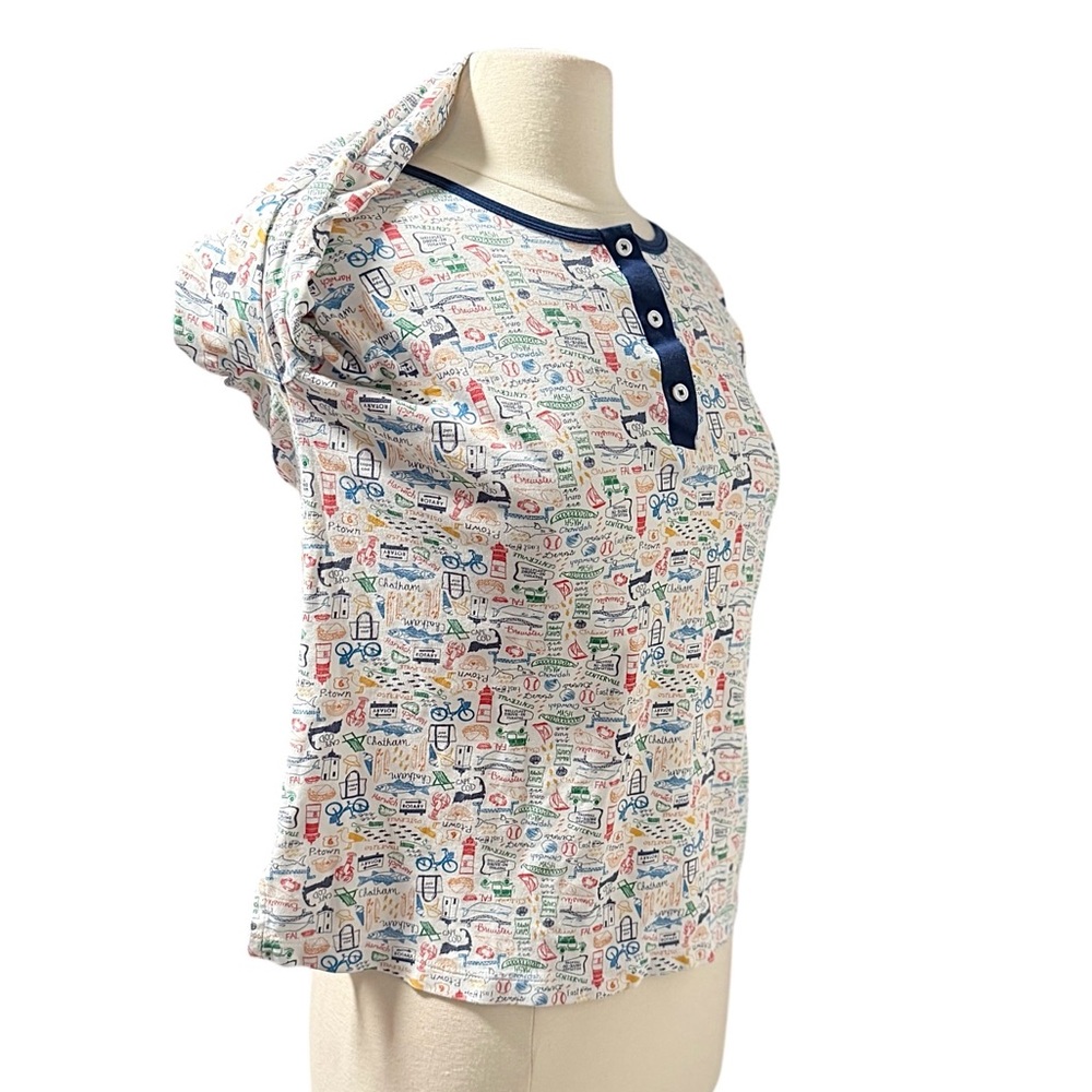 Women's Long Sleeve Printed Henley Pajama Top - Navy Trim - Picture 7 of 10